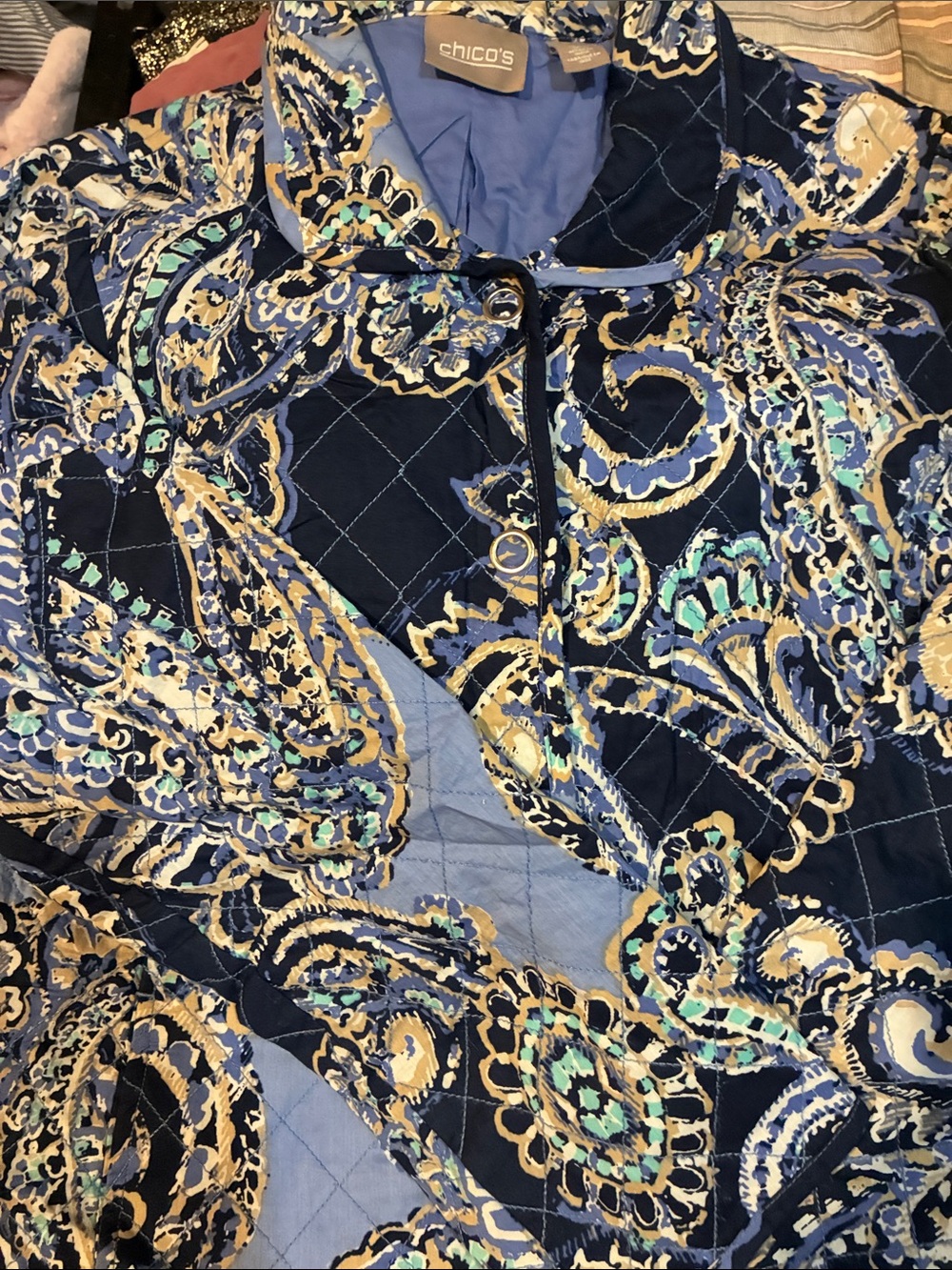 Chico's Quilted Paisley Jacket - Navy, Light Blue & Gold Accent